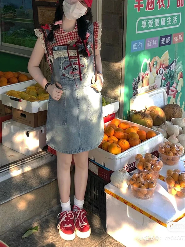 爱心刺绣牛仔背带裙女夏季宽松小个子盐系减龄高腰显瘦吊带连衣裙