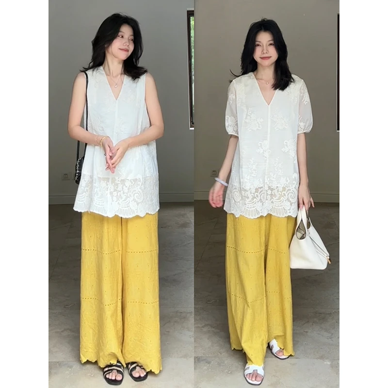 郭九九呢 天丝棉重工绣花宽松显瘦无袖上衣花边直筒裤 G925A06678