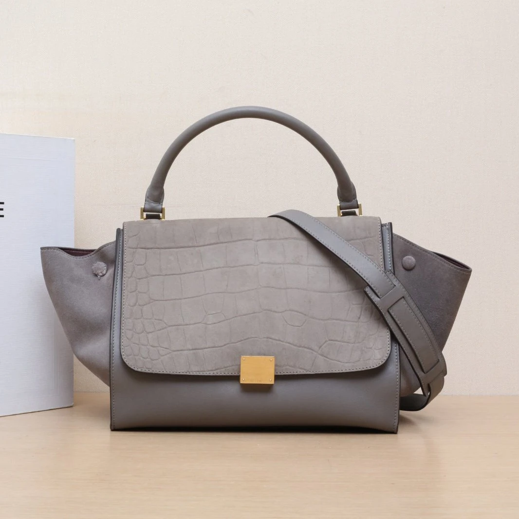 95新 Celine/思琳 攀攀Trapeze 秋千包 中号 30 灰色 皮革C 金扣