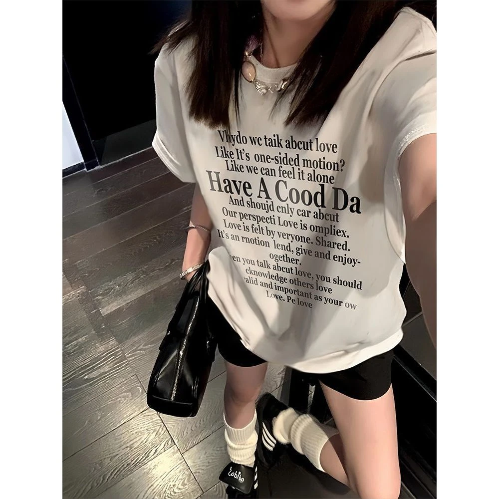 CKKOR美式复古休闲短袖t恤女夏季新款字母印花纯棉宽松慵懒风上衣