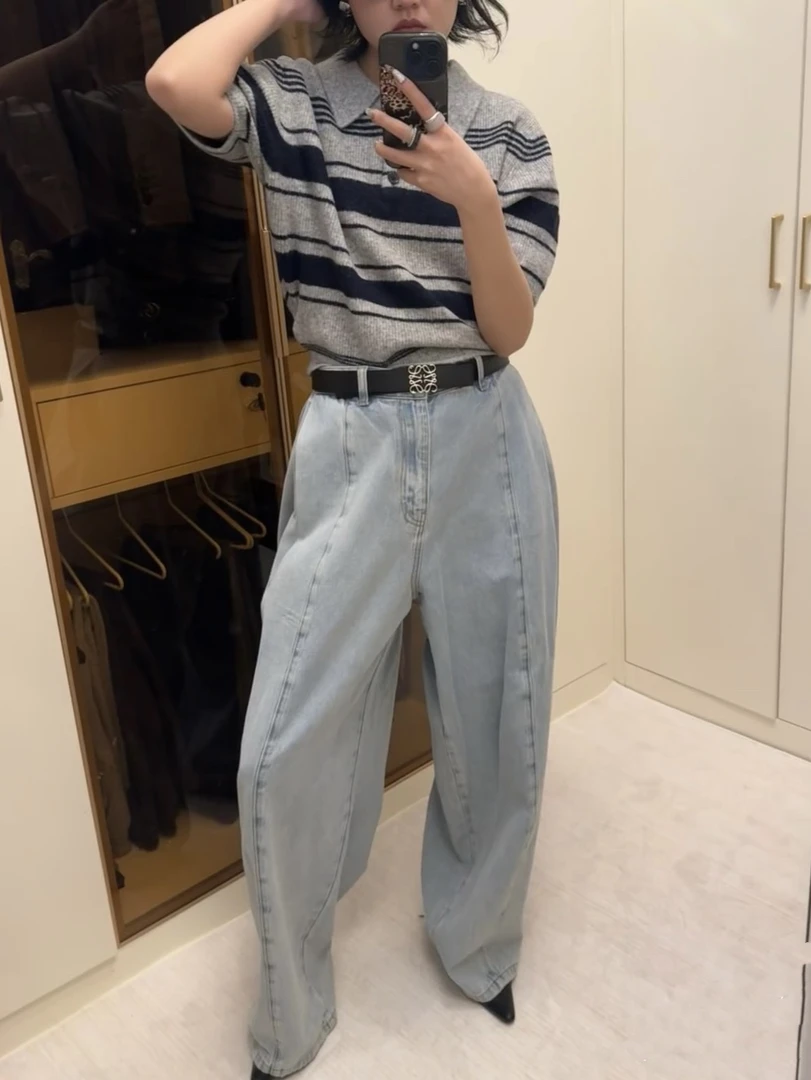 【201-300】上衣显瘦短袖翻领领百搭夏季条纹短款休闲厚款短袖针织