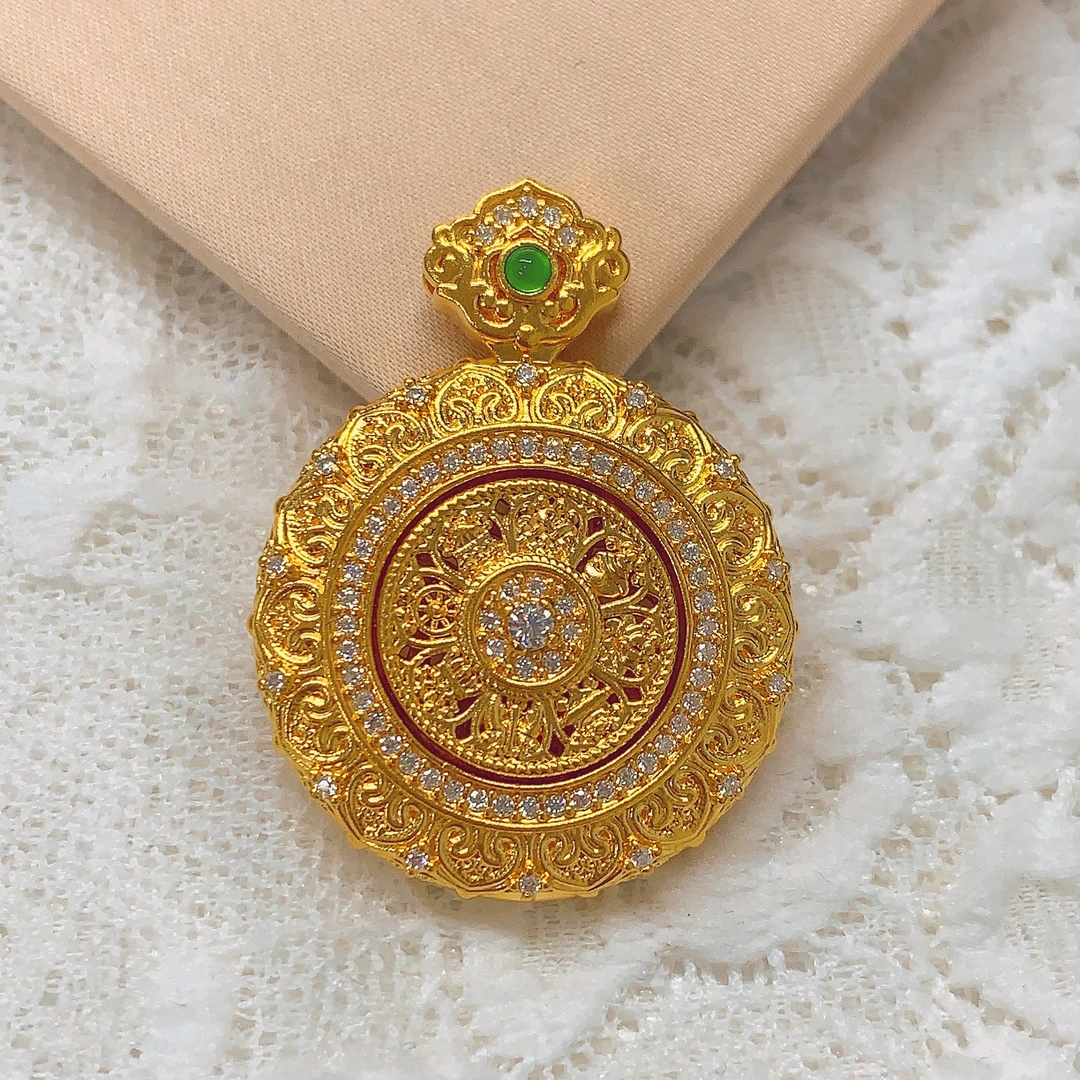 【水贝黄金】999足金花丝转动八宝罗盘吊坠