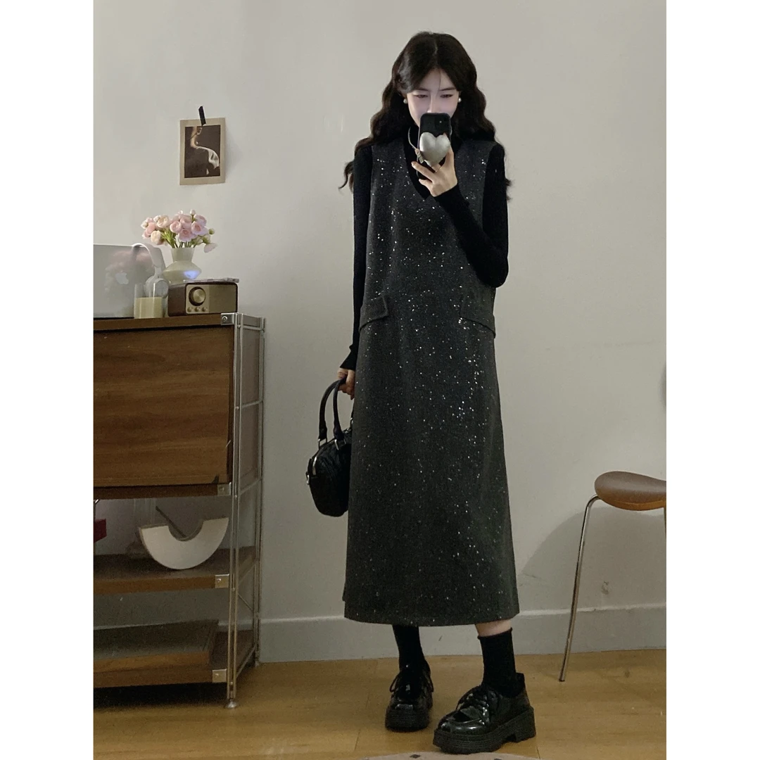 大码女装胖mm秋冬新款韩系慵懒风重工亮片针织连衣裙背心裙两件套