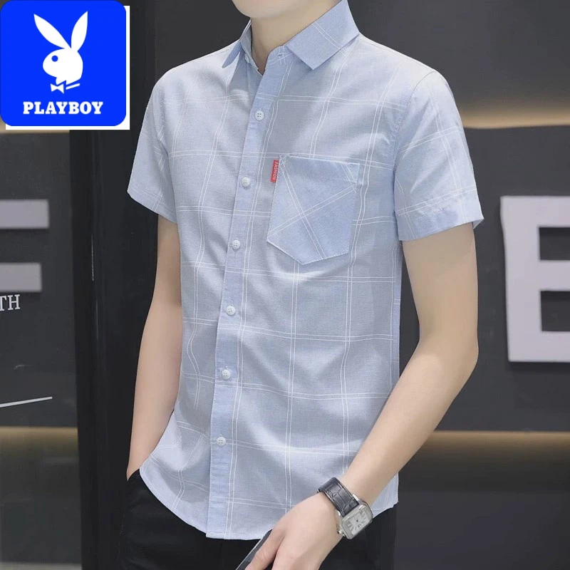 花花公子格子条纹短袖衬衫男士修身新款潮流蓝色纯棉衬衣