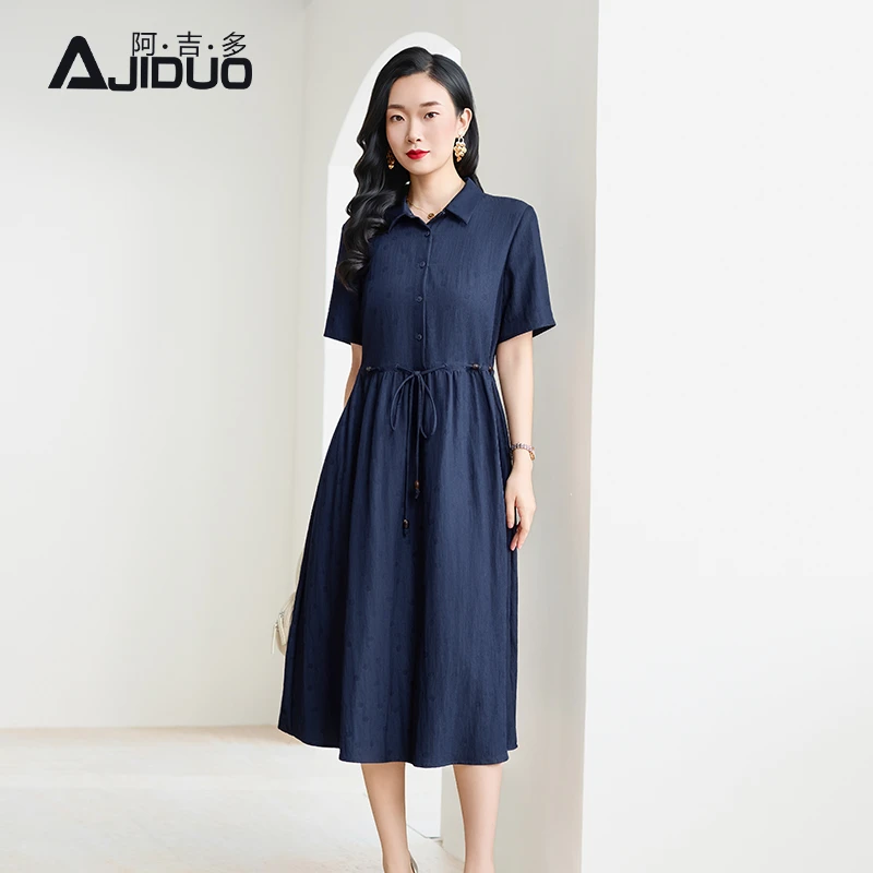 阿吉多蓝色波点短袖连衣裙女夏季新款系带收腰高级通勤气质长裙子