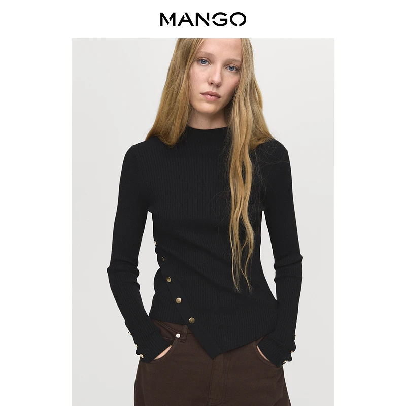 MANGO女装毛针织衫2025秋装新款圆领不对称系扣长袖针织上衣毛衣