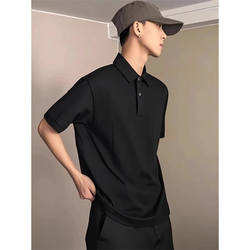 黑色重磅POLO衫男款夏季高级感痞帅美式正肩短袖T恤内搭翻领半袖