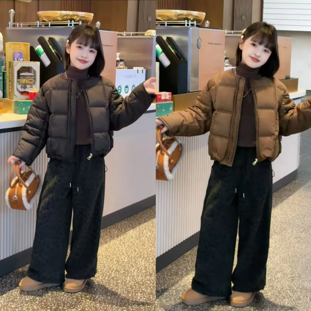 女童冬季2025爆款新款休闲保暖时尚阔腿裤棉服韩版百搭豹纹裤套装