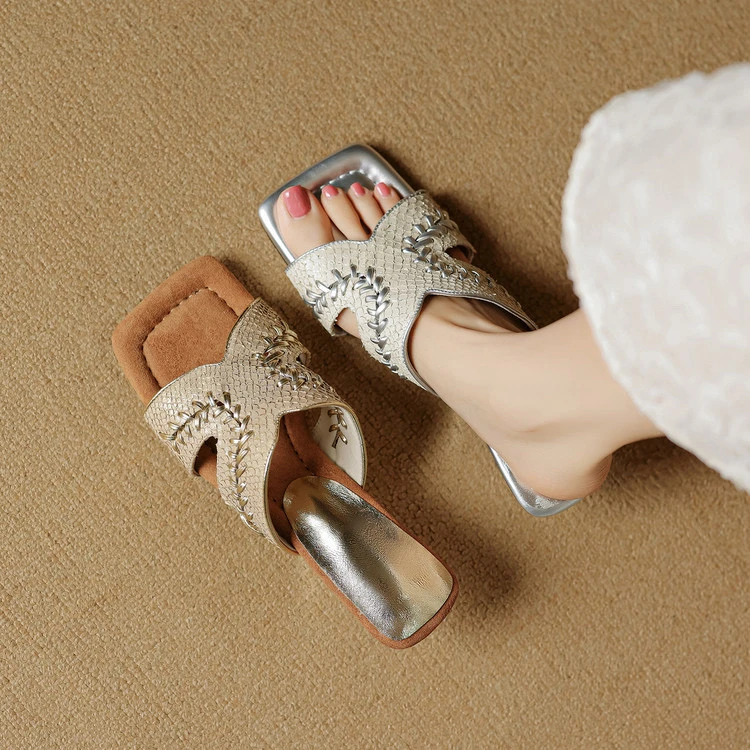 设计感5cm～露趾法式中跟一脚蹬舒适时尚气质一字拖鞋百搭夏季新款