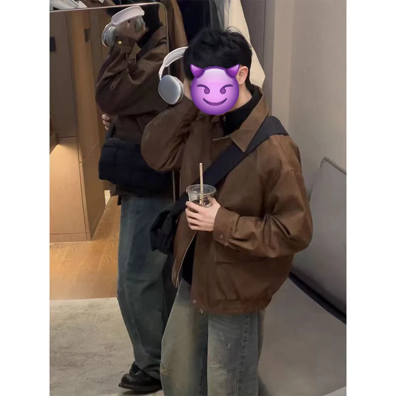 美式棕色雾面皮衣外套男痞帅上衣春秋cleanfit短款垫肩飞行员夹克