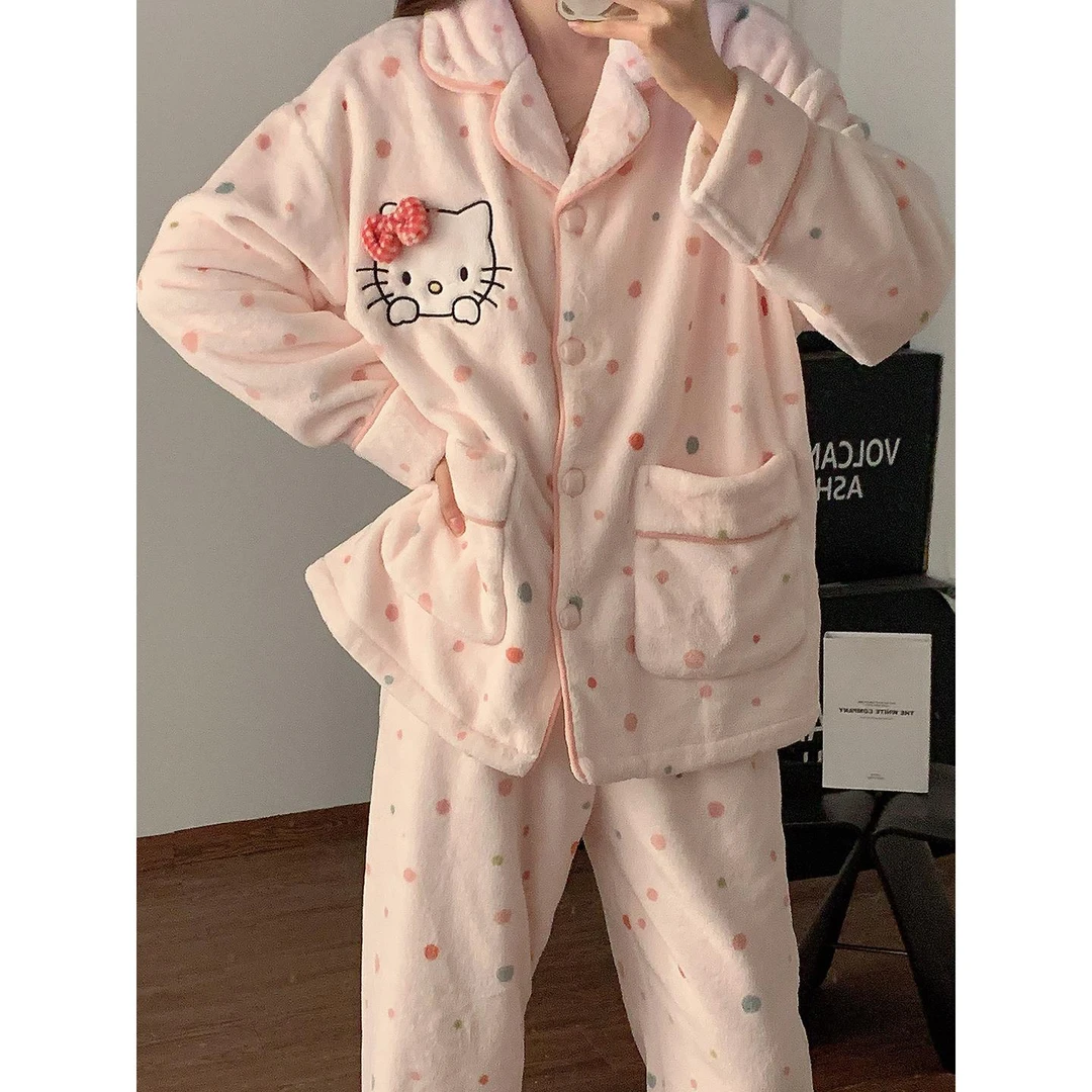 Hellokitty睡衣女秋冬季新款加绒加厚法兰珊瑚绒毛绒家居服套装