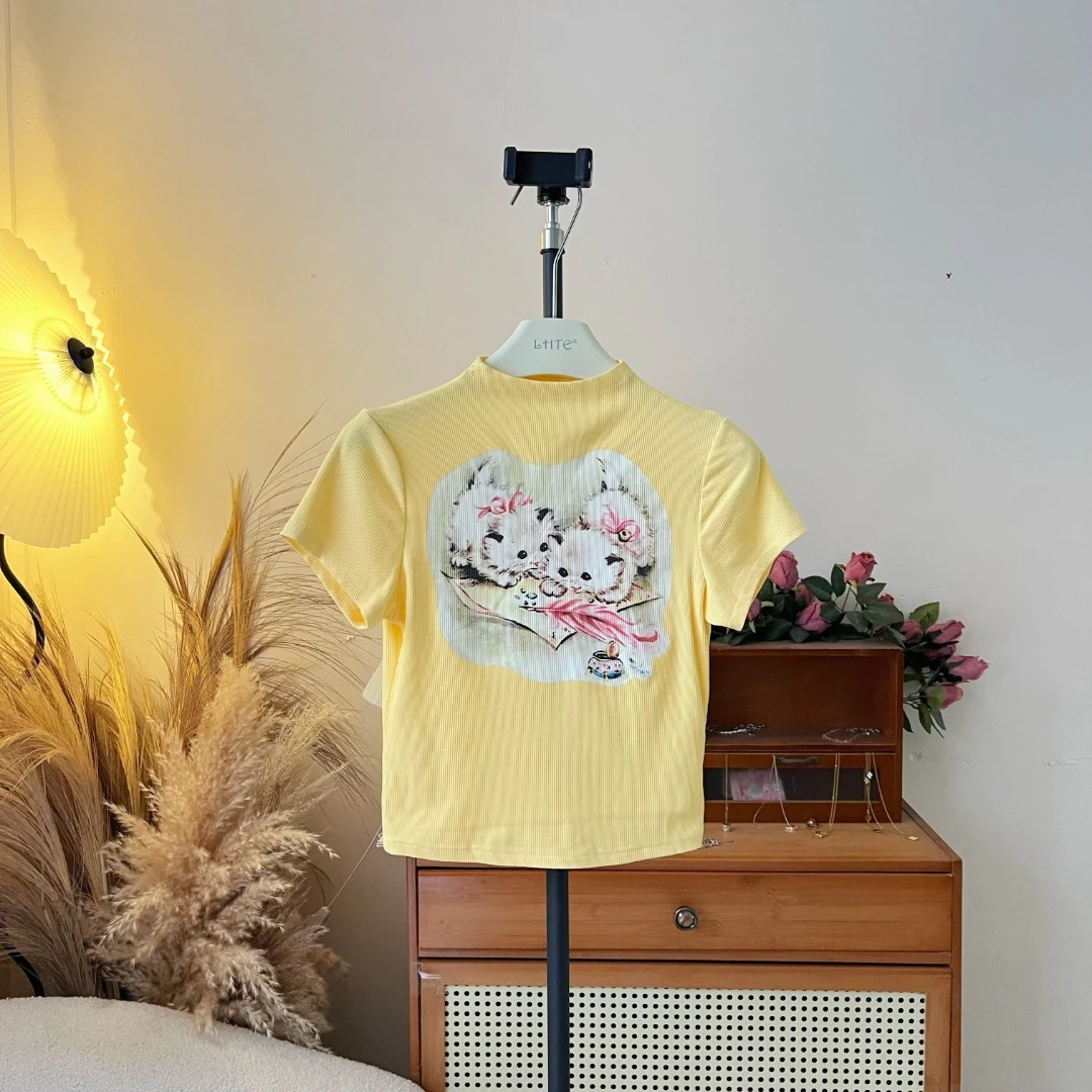 LHTE青青大码女装 设计感美式可爱印花短袖黄色猫咪T恤上衣C9059