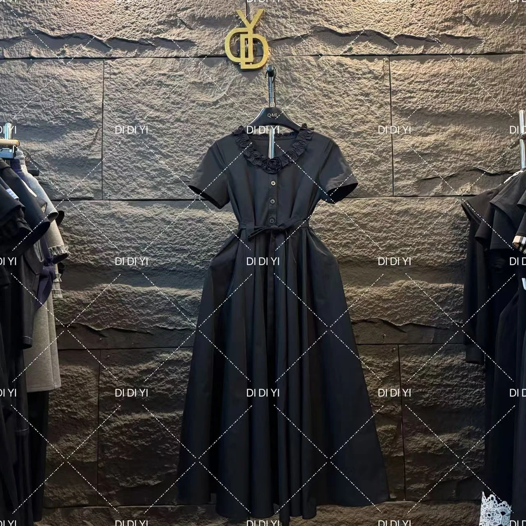 2025原创大码高定设计款花领抽绳收腰长裙高级休闲显瘦25131