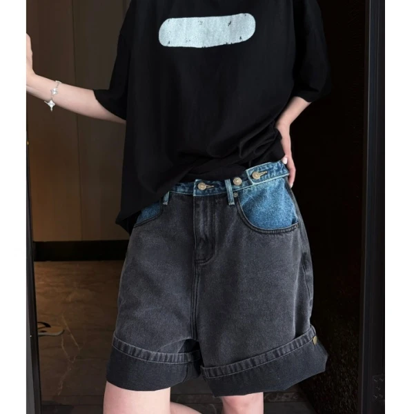 XiANJiE 2025夏季撞色水洗拼接调节扣宽松休闲男友风阔腿牛仔短裤