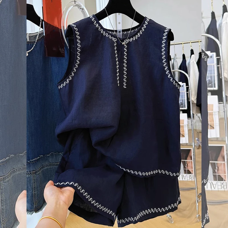 夏季新款减龄刺绣无袖短裤套装女装胖MM大码宽松通勤好看两件套潮