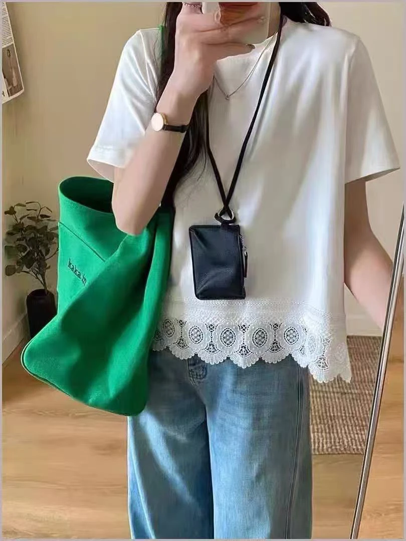 拼接短款短袖纯色韩版T恤圆领长款百搭时尚休闲不起球蕾丝