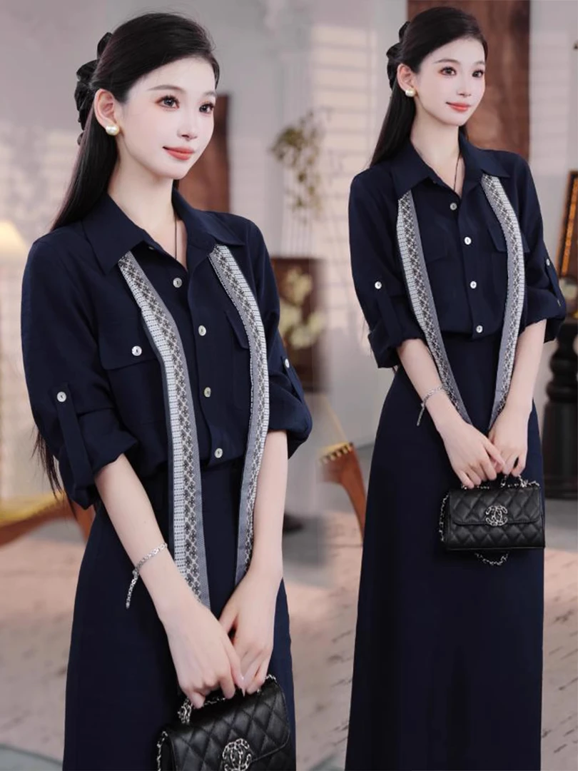 时尚连衣裙女2025秋季新款洋气质显瘦高级感假两件翻领长袖上衣潮