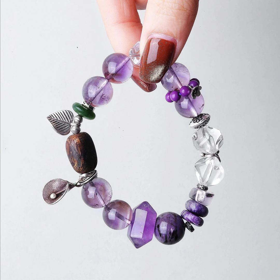 足银手链 <大头姐>S09722叶子花苞紫色晶晶串珠手链