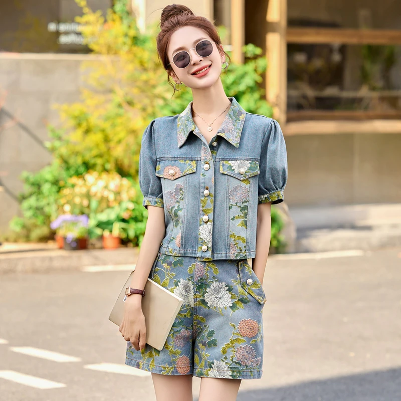 复古印花牛仔套装女2025夏季新款高级感小个子洋气减龄短裤两件套