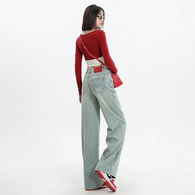 设计感刺绣牛仔阔腿裤女新款新中式高腰宽松显瘦冰川蓝窄版直筒裤