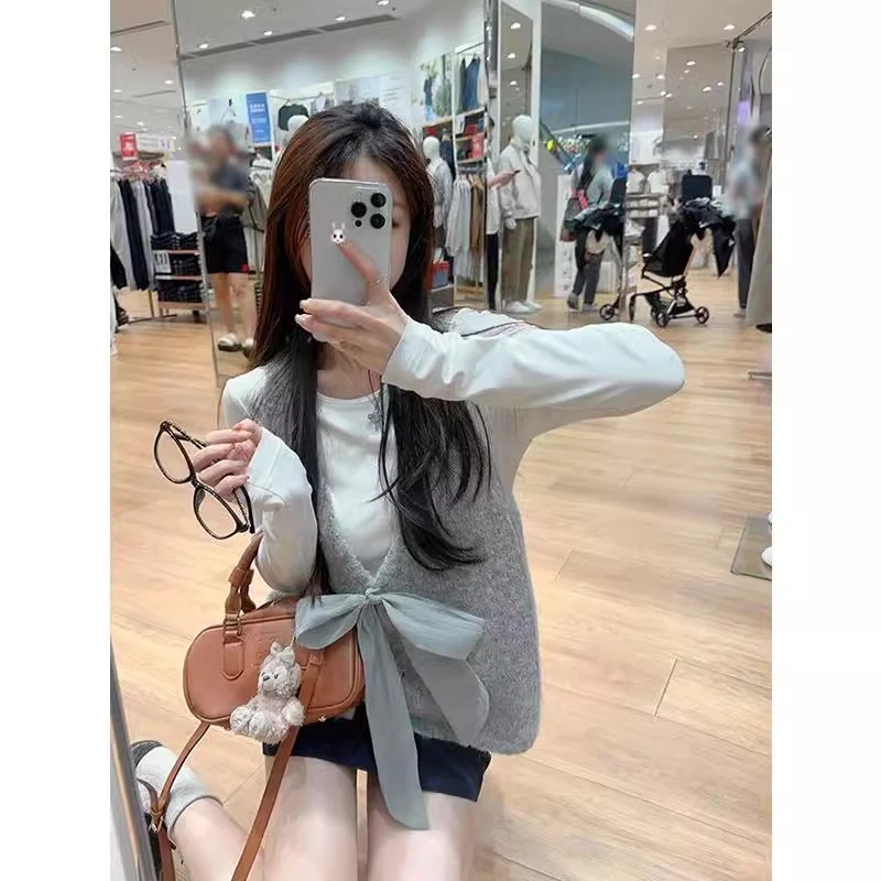 灰色双面两穿系带蝴蝶结针织背心马甲女设计感无袖后露背吊带上衣