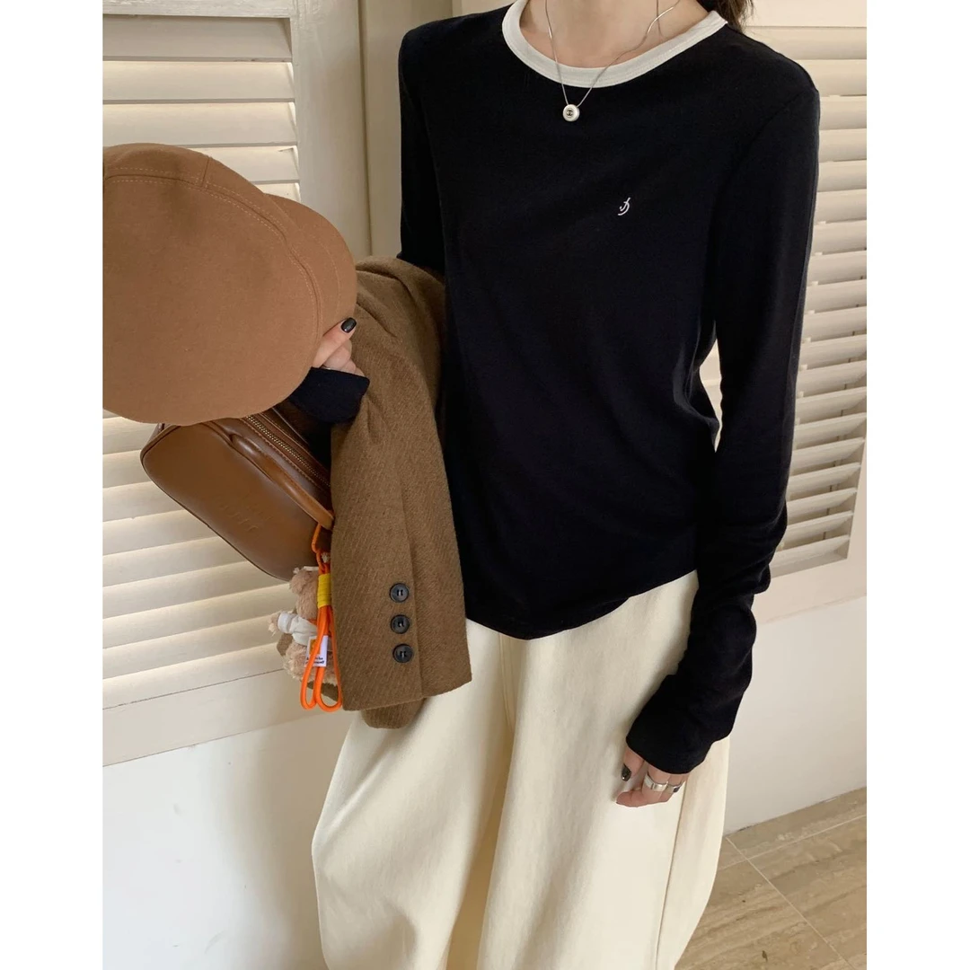 J-6005#闰熙#韩系圆领撞色领口刺绣百搭长袖T恤（福利）