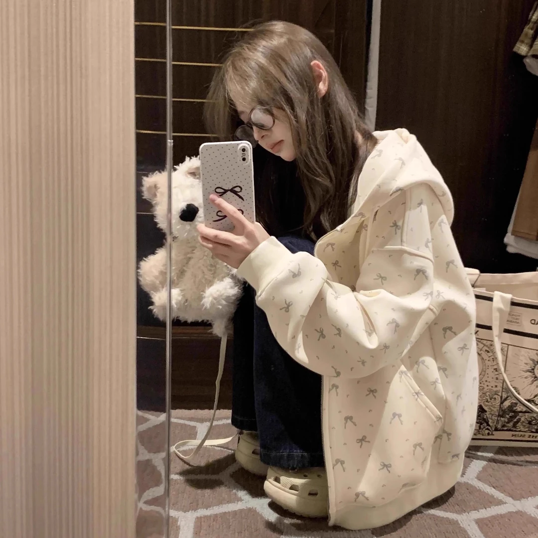 奶fufu学生连帽碎花卫衣外套女2024秋开衫拉链宽松休闲学院风薄款