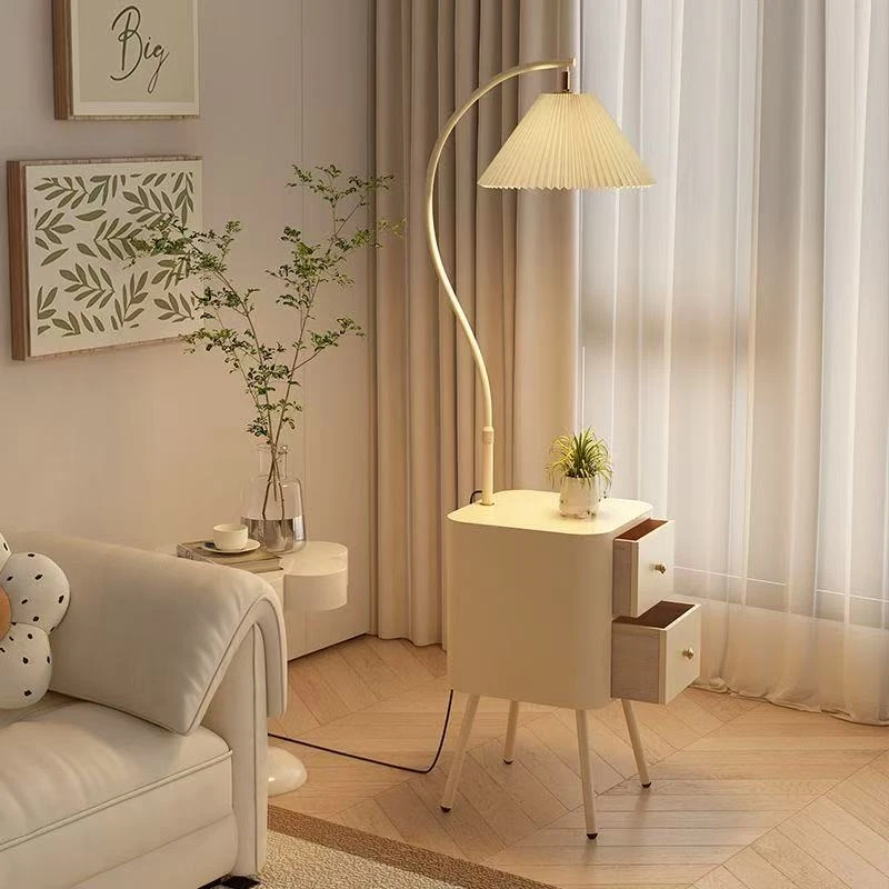 法式奶油风落地灯客厅卧室氛围边几茶几置物架智能床头柜台灯一体
