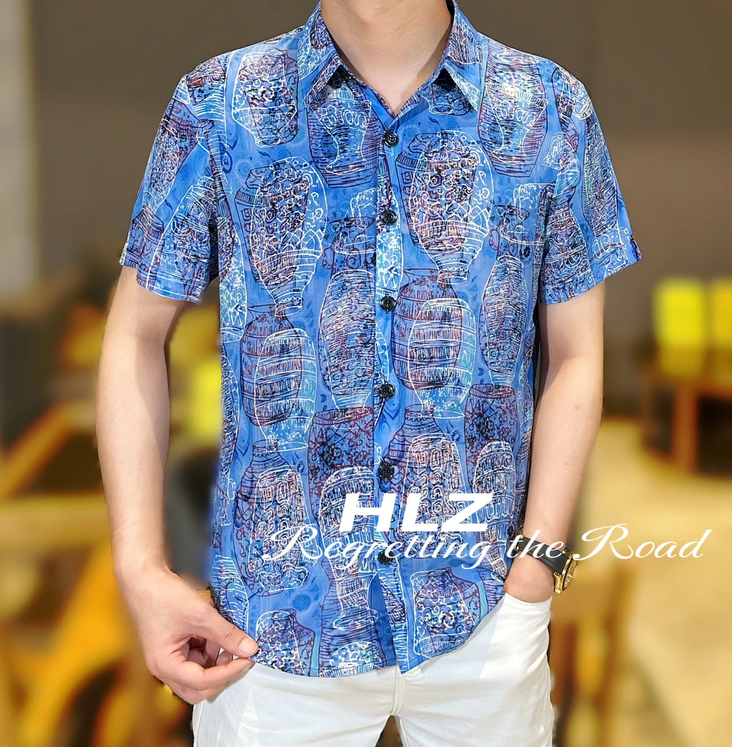 2025夏季新款男士时尚个性休闲时尚瓷器图案纽扣款翻领短袖衬衫