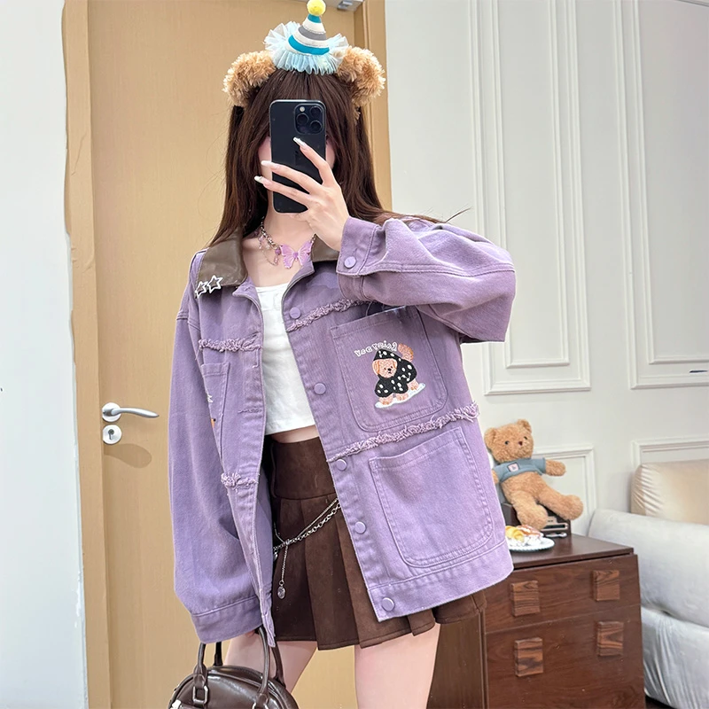 芋棕紫酥 织物猪原创 休闲风翻领紫色外套女秋宽松多口袋牛仔短裙