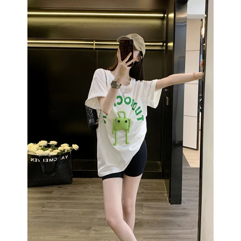 短袖女款2024款网红款潮流洋气白色时尚宽松中长款洋气百搭上衣女