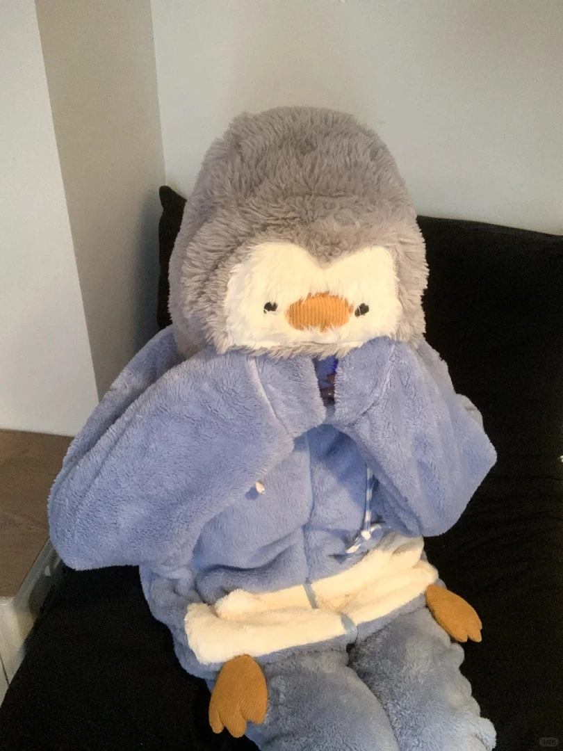 可爱卡通企鹅连帽珊瑚绒睡衣女秋冬季新款毛绒加厚家居服长裤套装