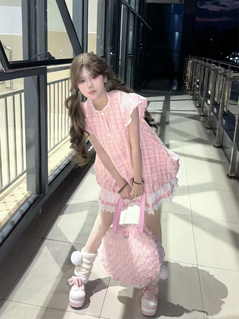 萌妹甜美小熊格纹印花娃娃裙蛋糕花苞裙女小个子可爱少女连衣裙