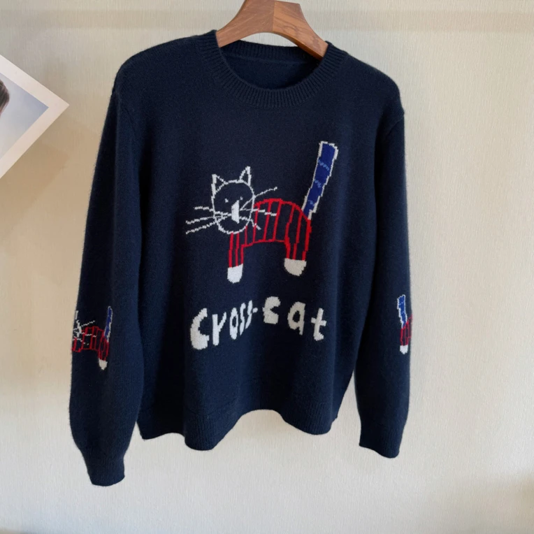 秋冬七针猫咪字母圆领针织羊绒套衫100%平面提花藏蓝色卡通减龄版