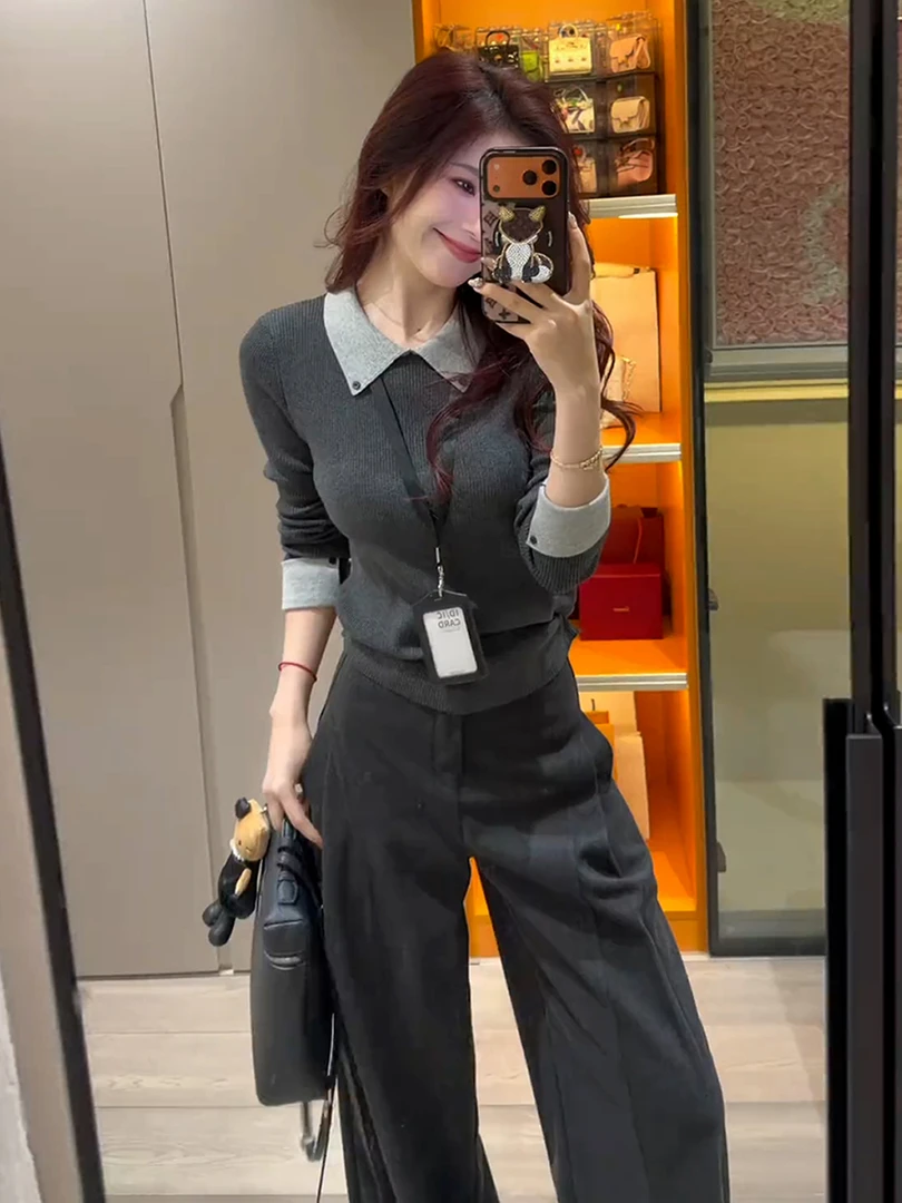 2025新款撞色假两件针织毛衣女秋冬季修身内搭打底灰色polo领上衣