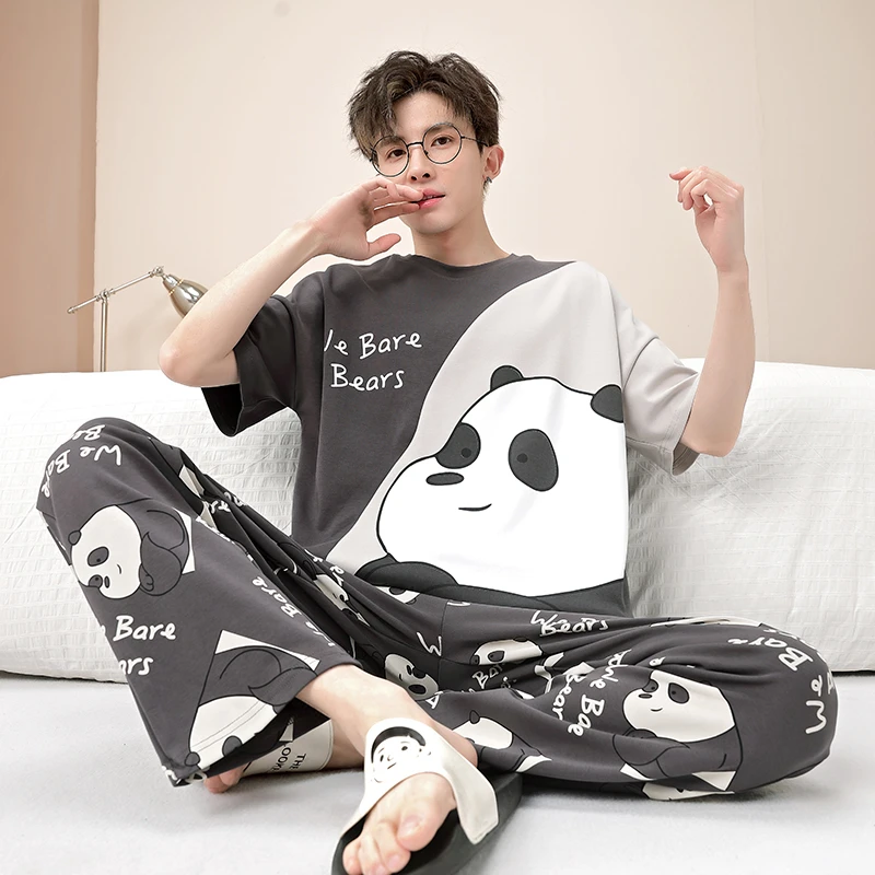 男士睡衣夏季纯棉短袖长裤卡通青少年加大码学生薄款家居服套装夏