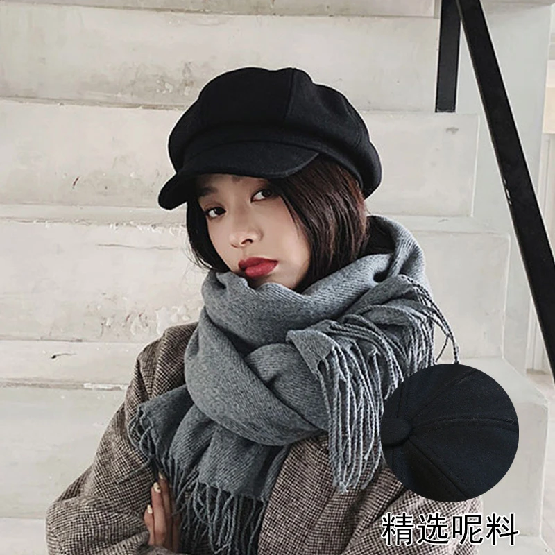 毛呢贝雷帽子女秋冬黑色鸭舌帽潮复古画家韩版英伦八角帽子保暖