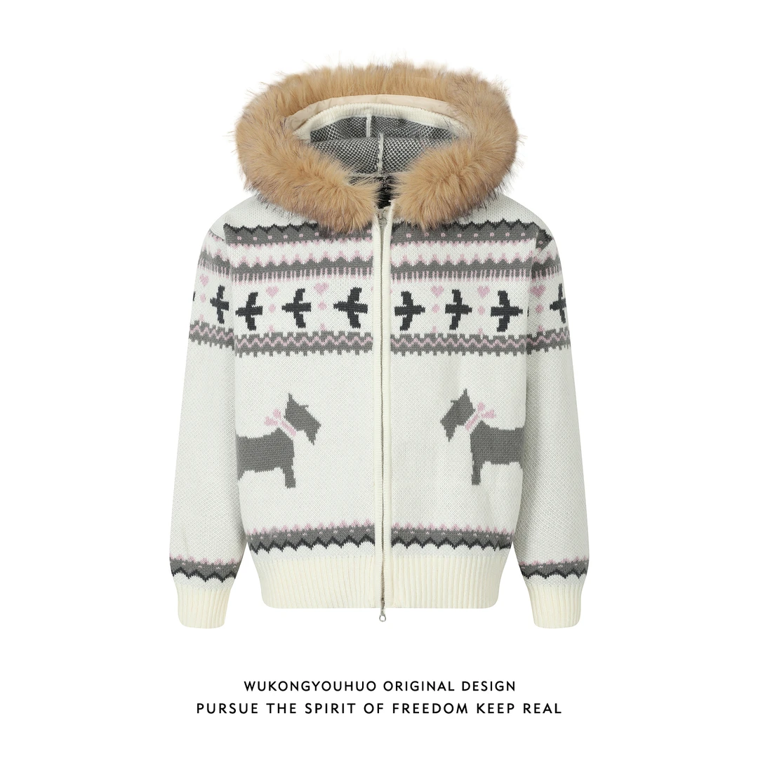 悟空有货复古潮牌费尔岛提花毛领连帽毛衣男女情侣宽松百搭针织衫