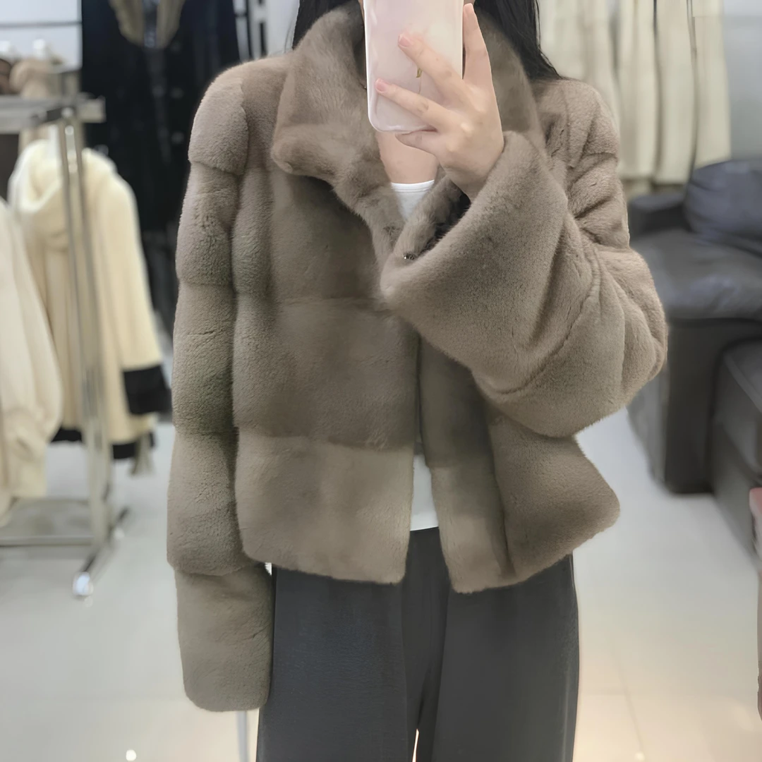 HMS-日光翩影-紫标短二水貂-蓝宝石原色横排立翻领短款外套2323