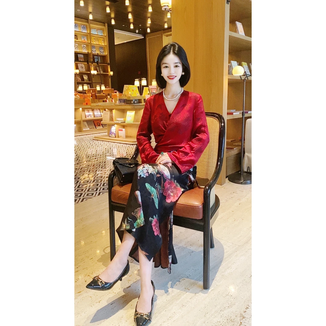 【嫣然】重磅桑蚕丝提花冠乐绉交叉系带水袖上衣轻奢优雅女人味