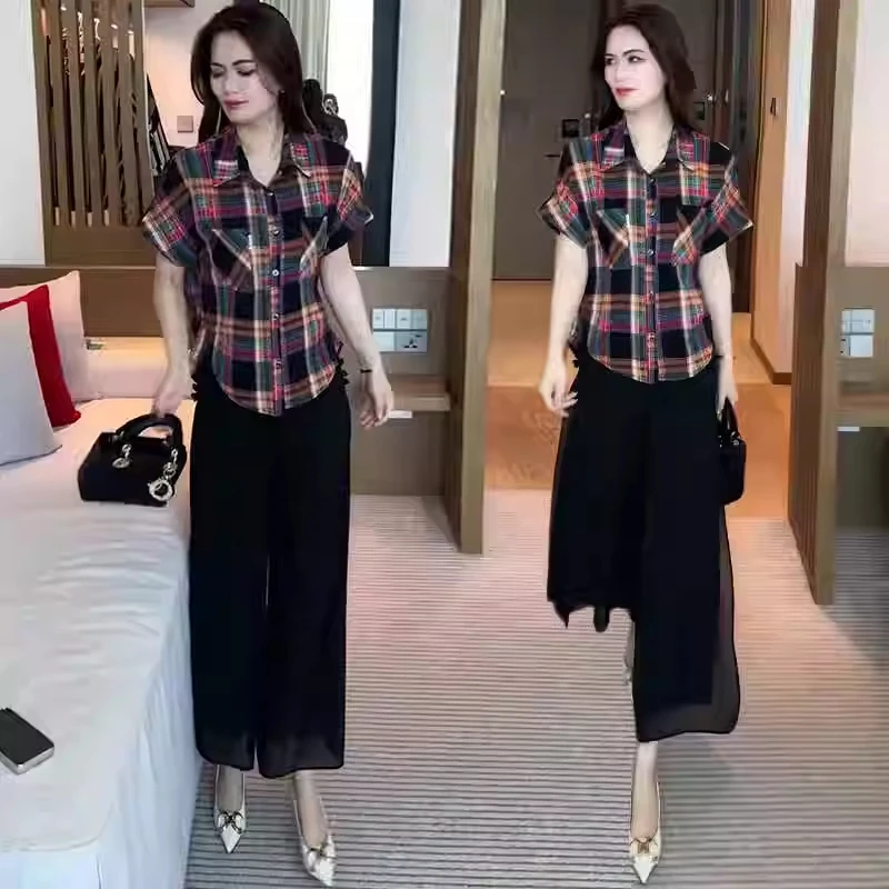 时尚套装女2025夏新款宽松显瘦格纹设计短袖衬衫休闲阔腿裤两件套