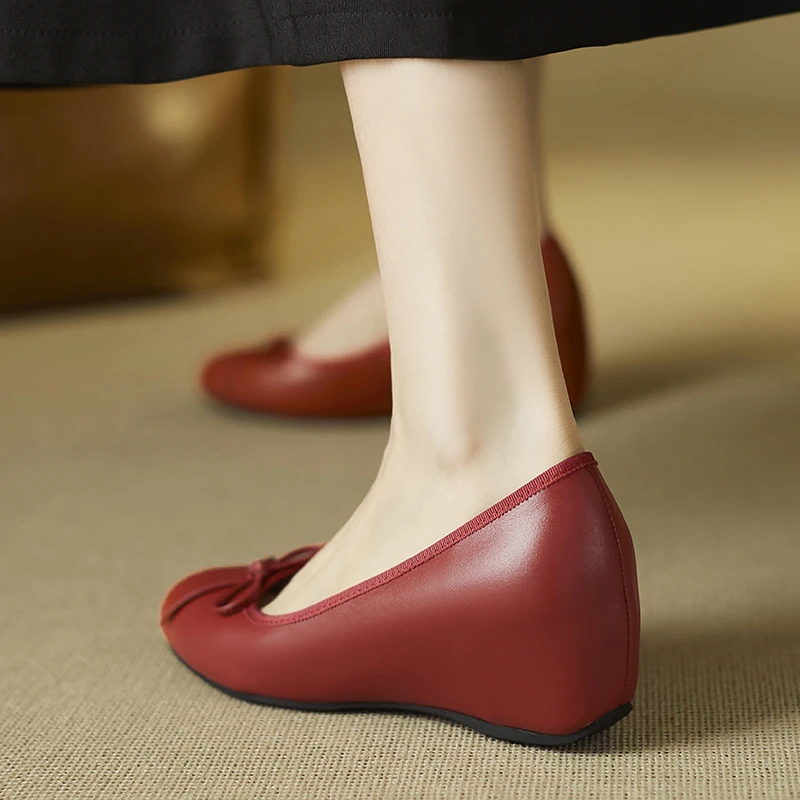 小个子增高6cm~新款坡跟鞋真皮蝴蝶结小红鞋高跟浅口小皮鞋单鞋女