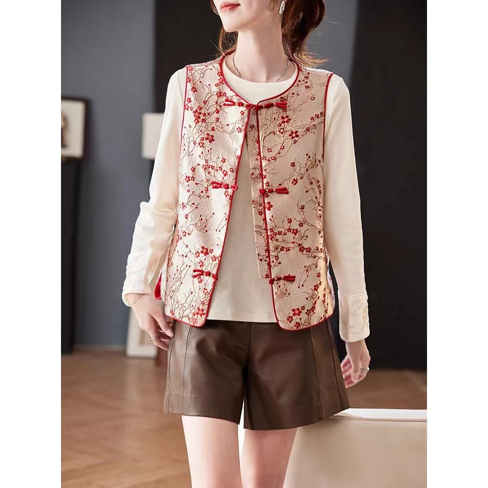 新中式提花马甲女2025春季新款气质国风盘扣百搭无袖坎肩马夹上衣