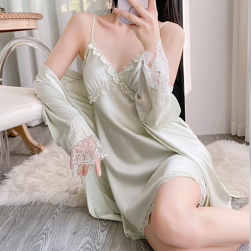 2025新款夏季冰丝睡衣女蕾丝吊带睡裙纯欲风带胸垫睡袍家居服套装