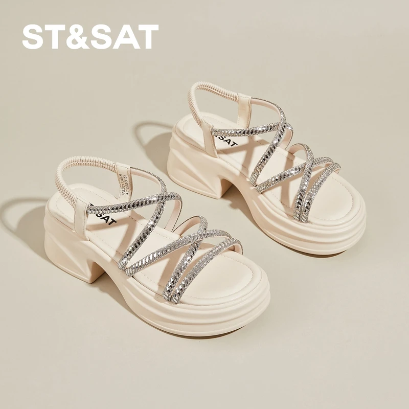 星期六小个子增高凉鞋女2025年夏季新款百搭水钻一字带外穿沙滩鞋