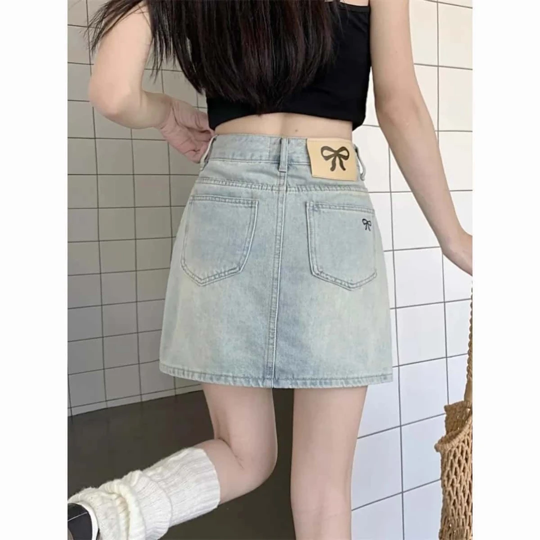 美式复古蝴蝶结刺绣牛仔半身裙女夏季辣妹高腰包臀显瘦a字短裙潮