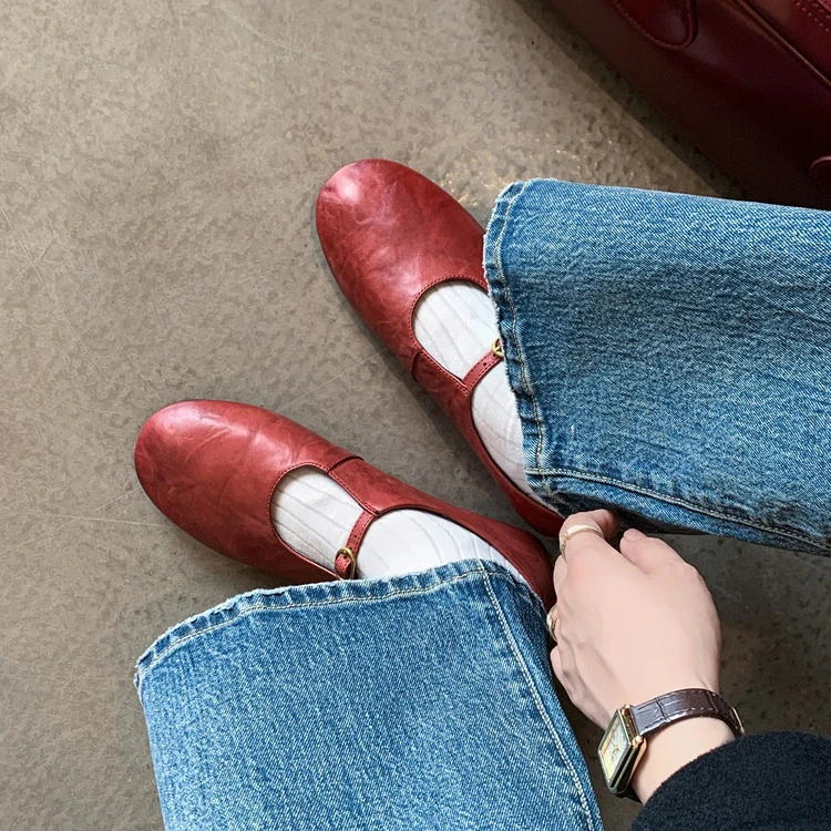 【跟高1CM】牛猪羊/时尚百搭一字带平底玛丽珍女鞋红色女单鞋