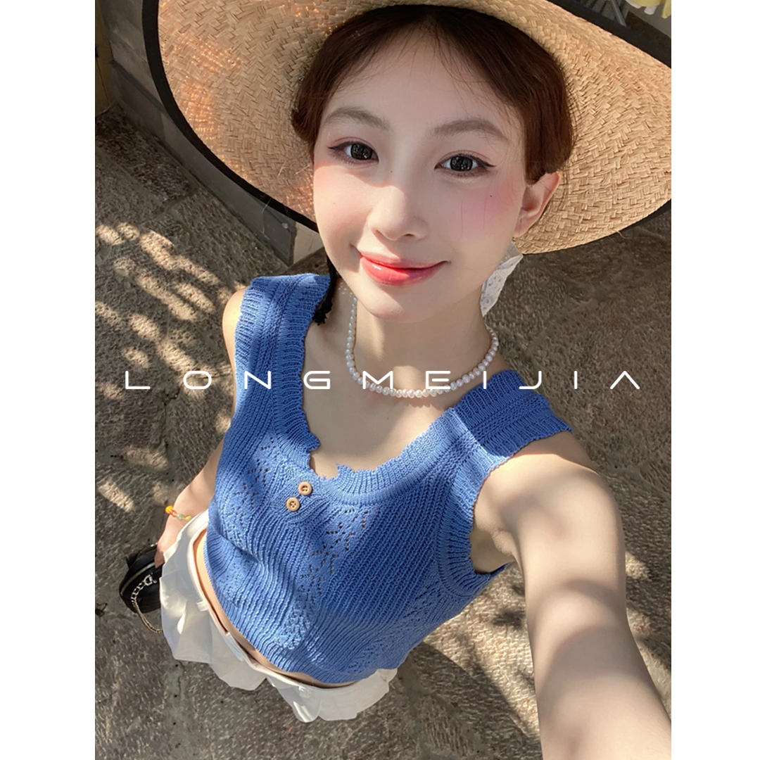 蓝色针织吊带背心女内搭2025夏季新款设计感修身打底无袖上衣外穿