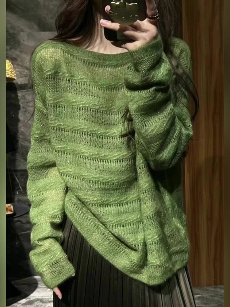 【当日发货】复古时髦洋气绿色长袖针织衫宽松薄款显瘦休闲气质上衣