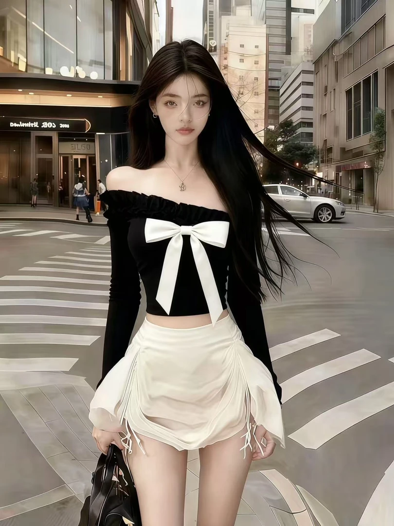 韩版时尚黑色斜领长袖露肩上衣半身裙套装【下裙为抽绳需自行调整】